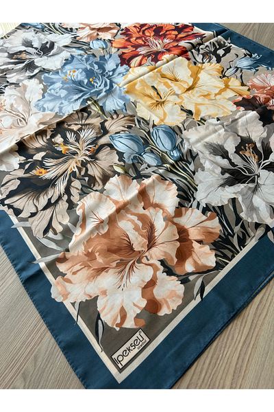 İpekseli Flower Pattern Cotton Shawl Petrol Blue