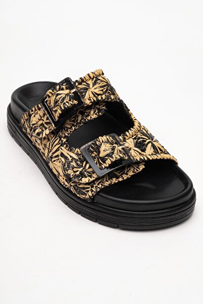 LuviShoes Milana Black Patterned Genuine Leather Buckle Double Strap Women's Slippers