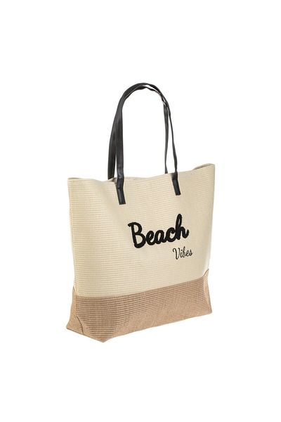 Carodis Beach Bag CARODIS, Ecru and Beige with Embroidered Text 'Beach Vibes'