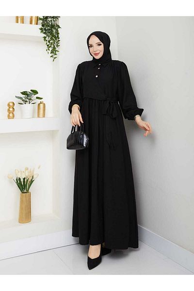 TOKARİS TEKSTİL Women's Front Closure Buttoned Shirt Collar Savior Hijab Strawberry Dress
