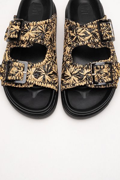 LuviShoes Milana Black Patterned Genuine Leather Buckle Double Strap Women's Slippers
