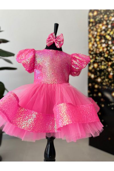 İkrabutikbursa Pink Girls' Evening Dress – Sequined, Puffy, Balloon Sleeves, Stylish Design for Special Occasions