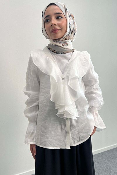 Hatun Atila Cămașă cu mânecă lungă cu detaliu cu volan 8854 - albă