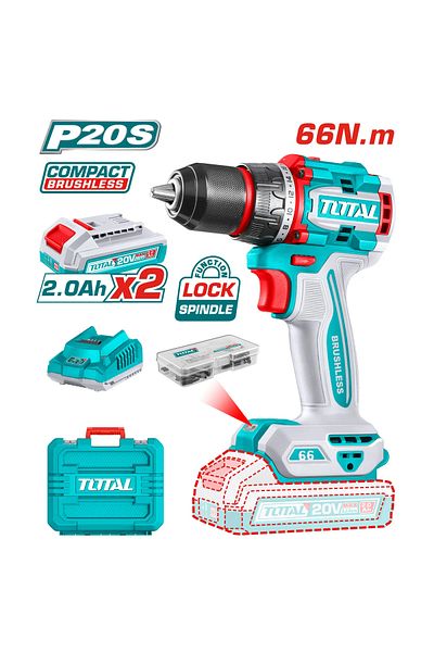 TOTAL Total Tdli20668 20v 66n.m Cordless Drill, Plastic Case with Extra Battery and Charger