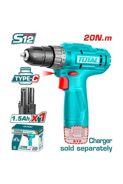 TOTAL Total Tdli12428 12v 20nm Cordless Drill, Single Battery, No Charger