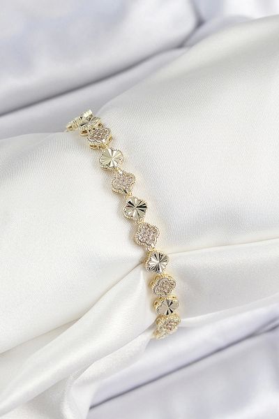 norsary Brass Zircon Stone Row Clover Model Gold Color Women's Bracelet