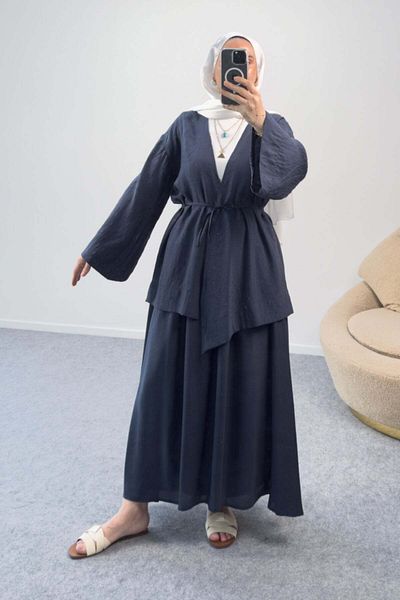 Hatun Atila Kimono Blouse with Belted Stone Detail and Long Skirt Double Set 8866 - Navy Blue