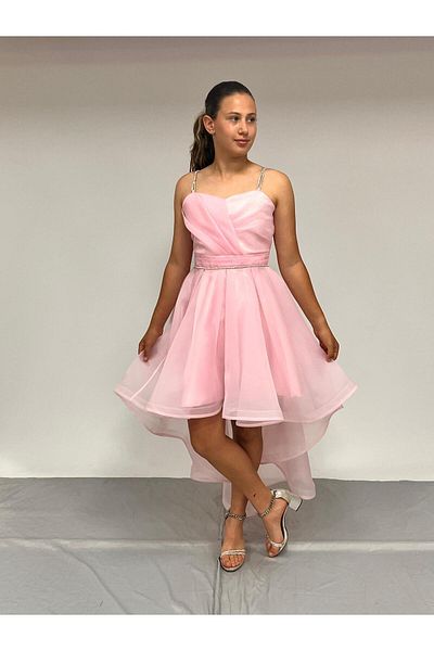 BUTİKHAPPYKİDS Girl's Evening Dress Pink Stone Cord Strap Heart Collar Tailed Chiffon Evening Dress 10-15 Years Old