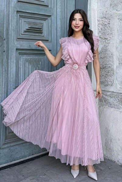 lodmela Βραδινό φόρεμα με λαιμόκοψη ώμου με λεπτομέρεια με ζώνη 2282-Πούδρα