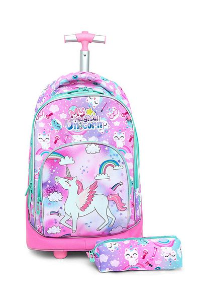 R&B Pink Girls Trolley Bag W Pencil Pouch