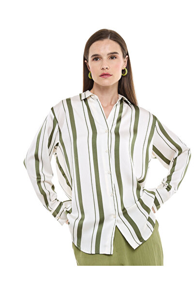 R&B قميص مخطط بياقة كلاسيكية وأكمام طويلة