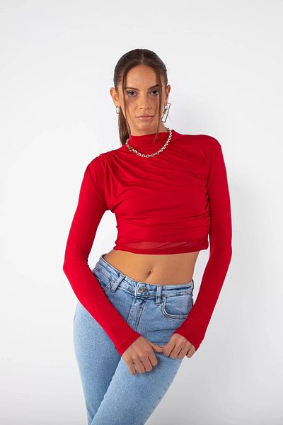 Bak Moda Tulle Detailed Draped Red Crop