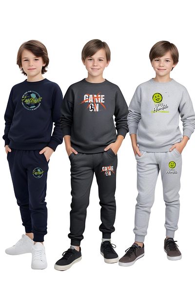 FYK COLLECTİON 3-Piece Boy's Training Suit with Round Neck Printed