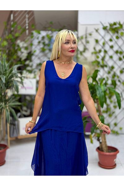 Punta Otantik Ls79772 Italian Sleeveless Back Tie Silk Blouse Navy Blue