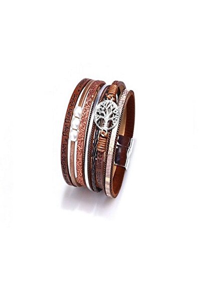 JustZEN Set 6 brățări cu straturi multiple, JustZEN™, Arborele Vieții, Maro, 19 cm