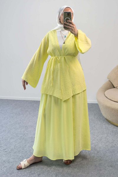 Hatun Atila Kimono Blouse with Belted Stone Detail and Long Skirt Two-Piece Set 8866 - Yellow