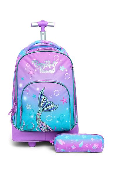R&B Aqua Girls Trolley Bag W Pencil Pouch