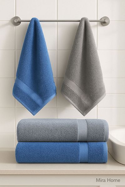 Mira Home 4 Piece Economical Bathroom Towel Set 100% Cotton Quickdry Blue