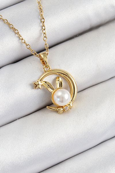 Clariss 316L Steel Pearl Detailed Crescent Rabbit Model Gold Color Women's Necklace
