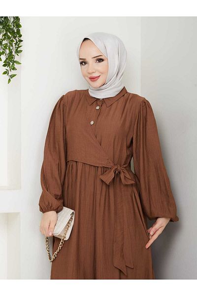 TOKARİS TEKSTİL Women's Front Closure Buttoned Shirt Collar Savior Hijab Strawberry Dress
