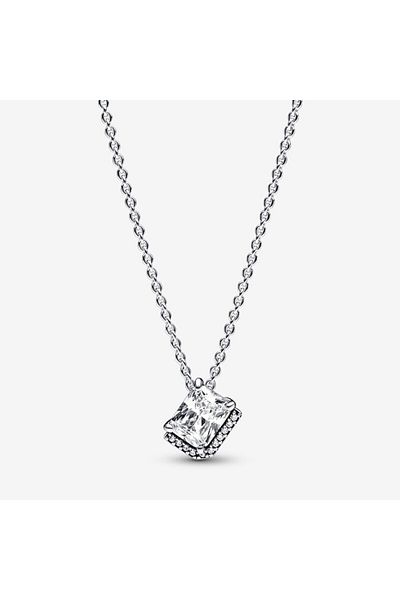Pandora Necklace with Halo Pendant, Rectangular, Shiny, Zirconia, 925 Silver - 45cm