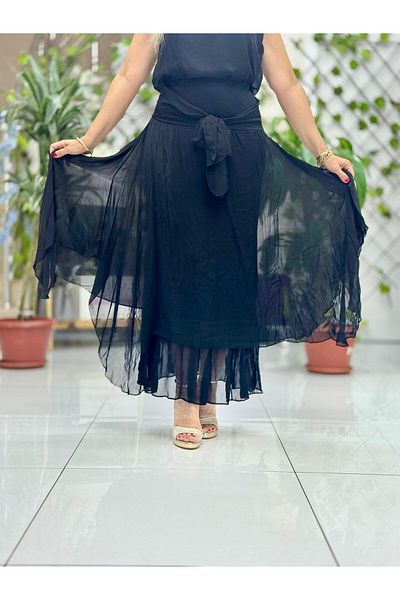 Punta Otantik Ls79796 Italian Silk Skirt with Tie Front Black