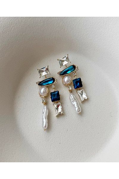 mos&more Lightweight Women's Earrings with Blue Stone and Pearl