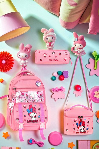 Shopiolog Girl's Primary School Orthopedic Set of 3 Pen Holder Lunch Bag with 3 Compartments Water Bottle