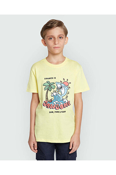 Ovs تي شيرت أصفر بأكمام قصيرة وطبعة