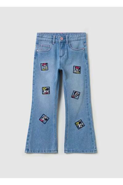 Ovs بنطال جينز واسع الساق بخمسة جيوب وتطريز ميني ماوس