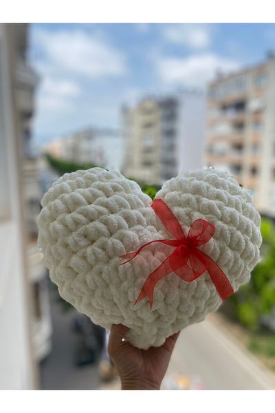 ÖRGÜCÜ DESİGN Puffy Heart Pillow White - Knitted Heart Pillow