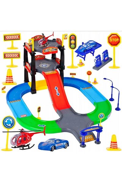 DDE Hungary Interactive Parking Set on 2 Levels with Heliport, Multiple Accessories and Specific Elements, 46 x