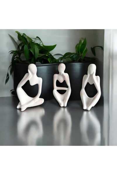 Ar Armese Mermer Görünümlü Düşünen İnsan Figürü 3’lü Set - Dekoratif - Modern Porselen Tozu Obje - 12.5 cm