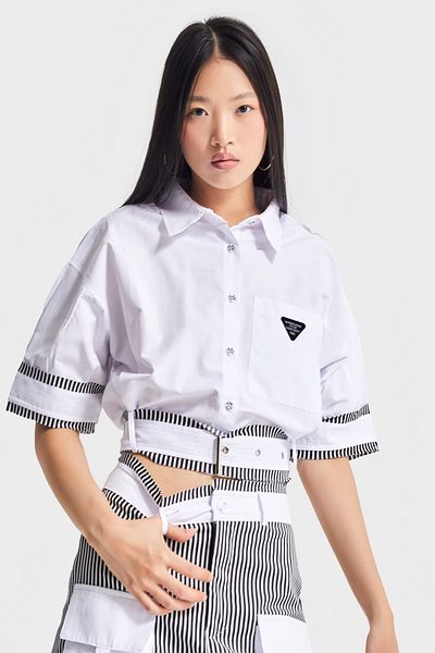 its basic Women's White Color Oversize Belt Detailed Buttoned Front Crop Top Fabric Shirt