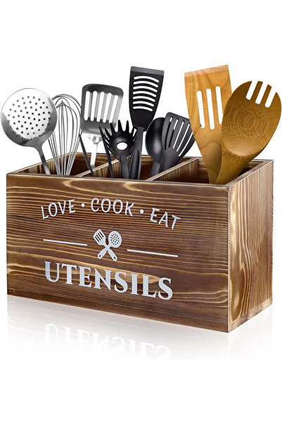 Cozy Nest حامل أدوات خشبي ريفي بثلاث حجرات للشوك والملاعق والملاعق المسطحة وأدوات المائدة وأدوات الطبخ
