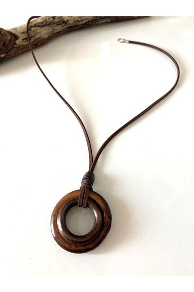 canan dizayn Bohemian Wooden Double Ring Suede Drawstring Ayd Necklace Dark Brown