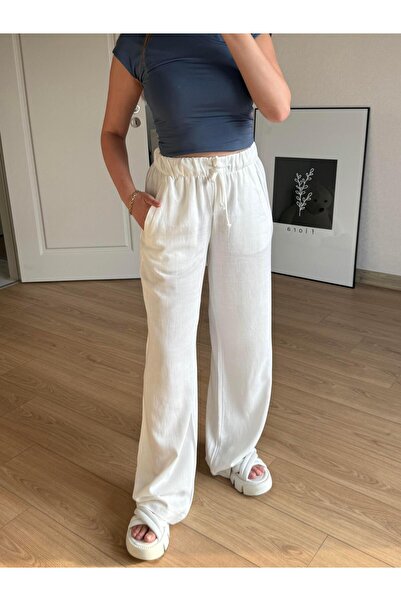 BAŞARAN Linen Elastic Palazzo White Pants