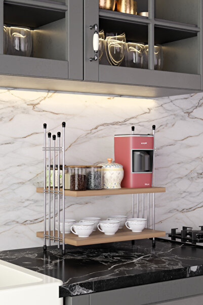 Modalanka 2 Katlı Gümüş Metal Tel Mutfak Rafı Kahvelik Baharatlık Bardaklık Tezgah Üstü Düzenleyici Organizer