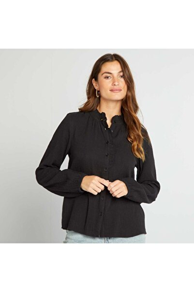 KIABI Double cotton gauze ruffled blouse black