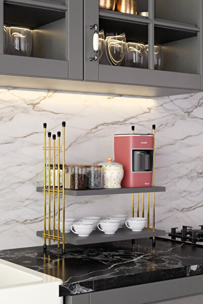 Modalanka 2 Katlı Gold Metal Tel Mutfak Rafı Kahvelik Baharatlık Bardaklık Tezgah Üstü Düzenleyici Organizer