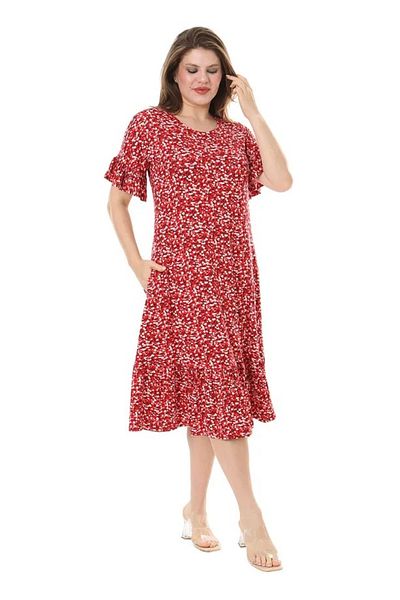 Hazinedan Plus Size Authentic Ruffle Pockets Short Sleeve Red Crinkle Pattern Dress