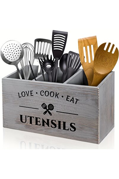 Cozy Nest حامل أدوات خشبي ريفي بثلاث حجرات للشوك والملاعق والملاعق المسطحة وأدوات المائدة وأدوات الطبخ