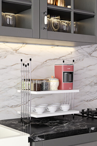 Modalanka 2 Katlı Gümüş Metal Tel Mutfak Rafı Kahvelik Baharatlık Bardaklık Tezgah Üstü Düzenleyici Organizer