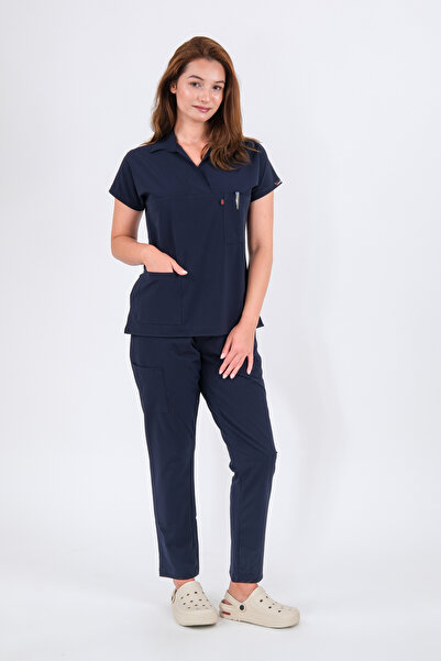 Schlange زي موحد للممرضات والأطباء بأكمام طويلة من الليكرا وياقة بولو وأكمام ...