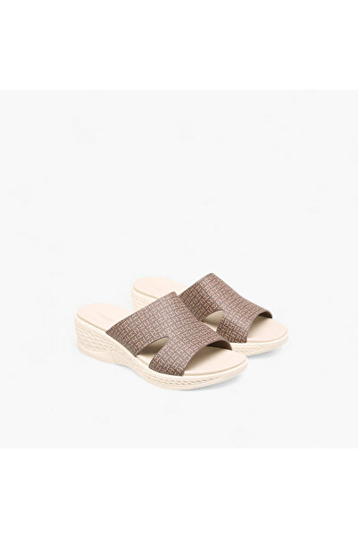 Flora Bella by Shoexpress Monogram Print Slip-On Sandals with Wedge Heels