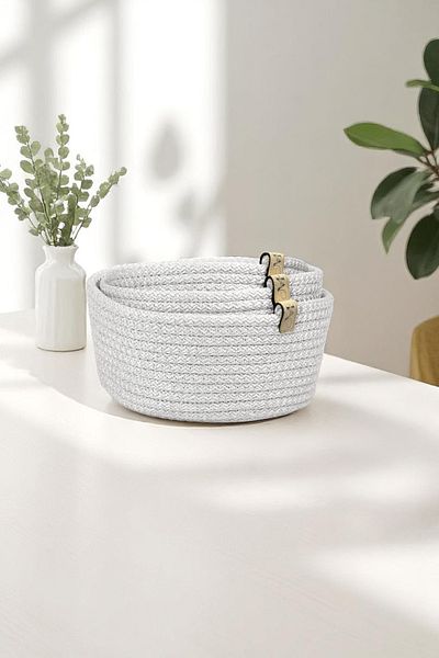 MORLİDO Decorative Multi-Purpose Light Gray 3-Piece Basket Set