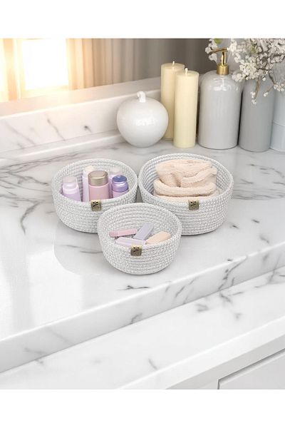MORLİDO Decorative Multi-Purpose Light Gray 3-Piece Basket Set