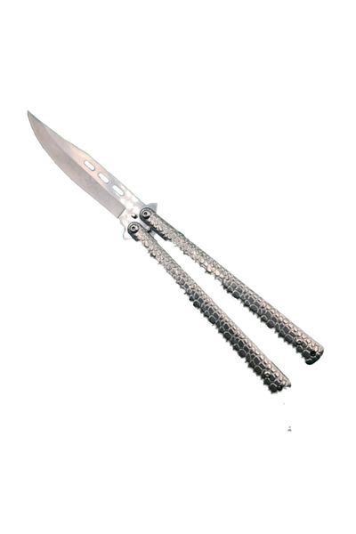 dalimag Butterfly Knife with Blade, Crocodile Leather Pattern, Silver, 25 cm,