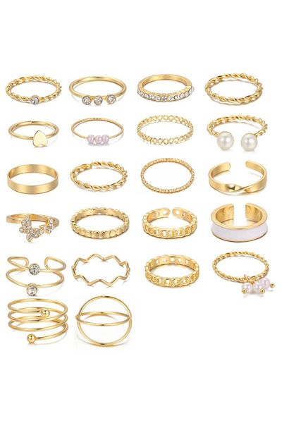 huitich 22-Piece Gold Color Ring Set Assorted Sizes & Styles with Crystal, Pearl & Alloy Accents