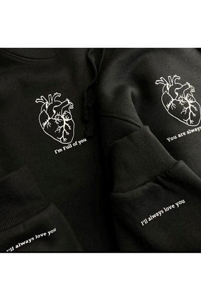 Elvino Pack of 2 Black Unisex Couple Lover Combination Heart Sleeve Printed Hooded Sweatshirt